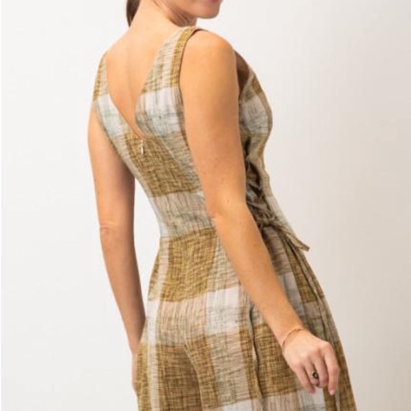 Plaid V-Neck Wide Leg Jumpsuit - Mustard Green - Picture 4 of 4